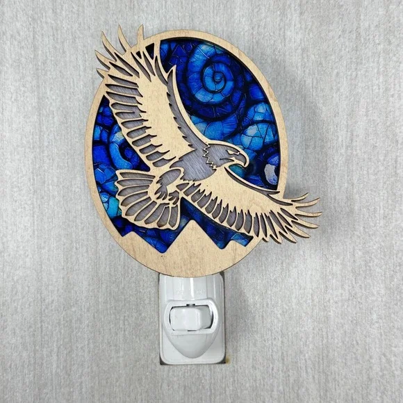 Bald Eagle Wood Nightlight Blue Stained Glass Style Rustic Lodge Decor Handmade - Picture 3 of 7